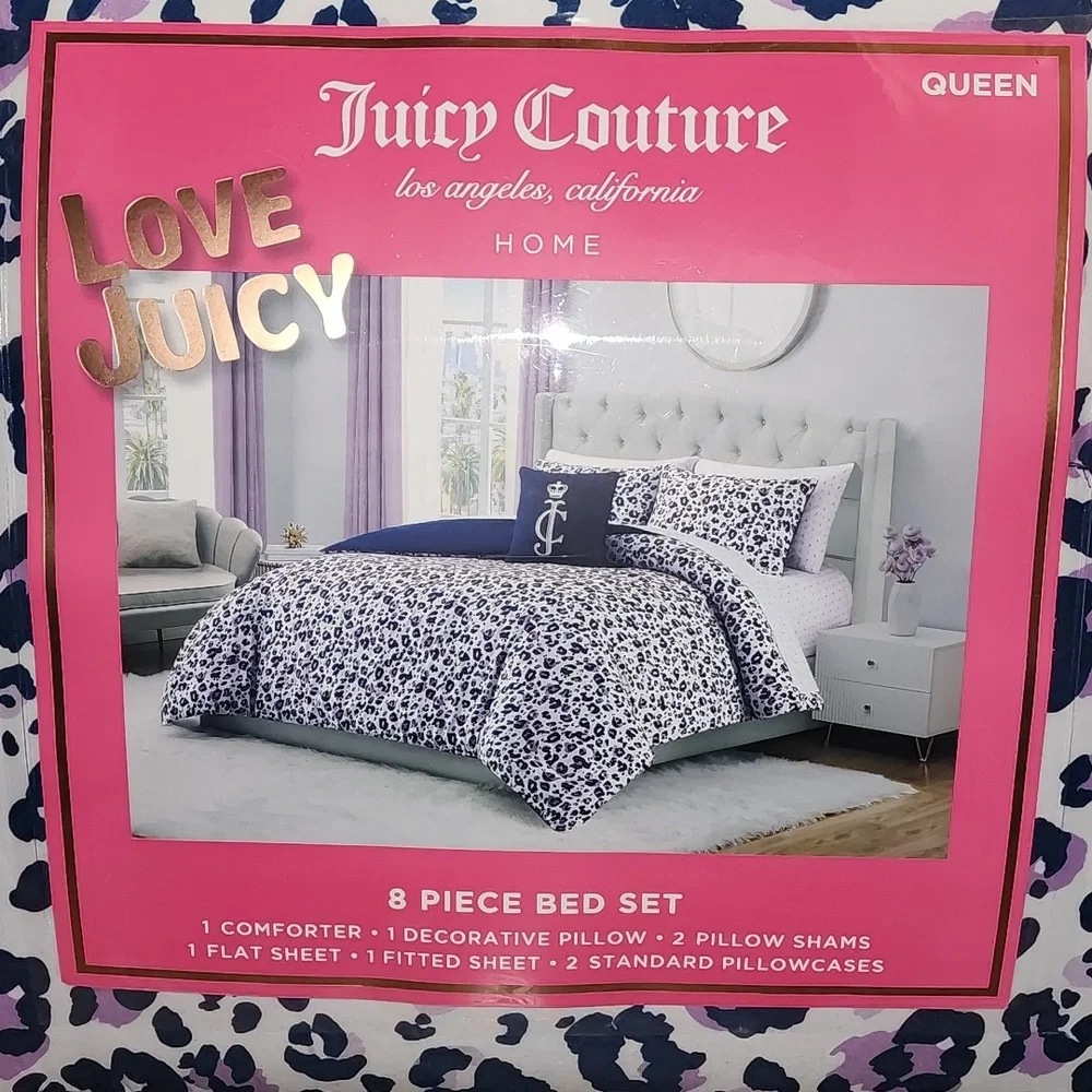 Juicy Couture 8 Piece Queen Comforter Bed Set Leopard Print White & Blue - New